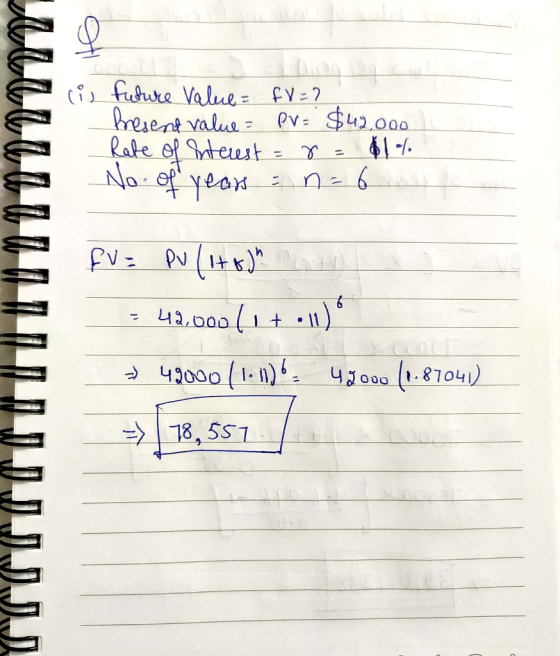 ci & future Value = FV = ? Present value = PV = $42.000 Rate of interest = r = $1% No of year = n = 6 FV = Pulitooth = 42.000