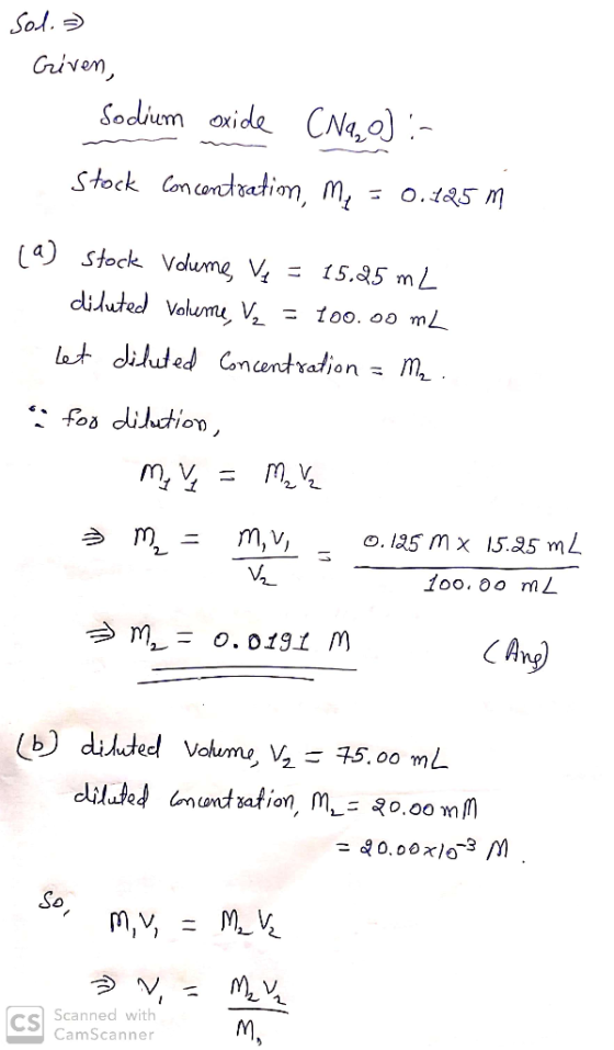 - Sol.) Given, Sodium oxide (NGO) :- Stock Concentration, me = 0.125 m (a) Stock Vdeme Ve = 15.25 mL diluted Volume V2 = 100.