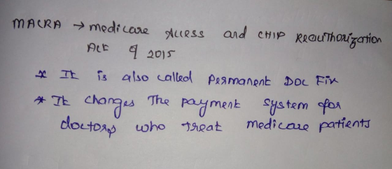 MACRA medicare Alless and CHIP Reauthorization ALE I 2015 * It is also called Permanent Doc Fir * It changes. The payment sys