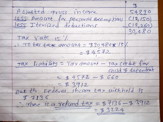 Ladjusted gross income 154890 Lless. Amount for personal Colemptions (12, 150) less! I temized deductions (12,260) 30,480 Tax
