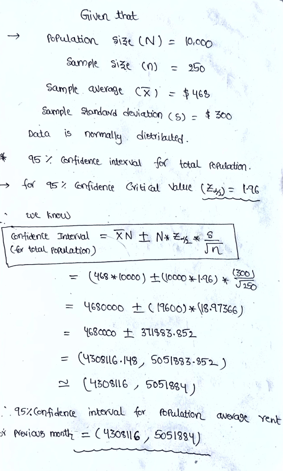 Given that Population Size (N) = 10,000 Sample size (n = 250 Sample average CX) = $468 Sample Standard deviation (S) = $ 300