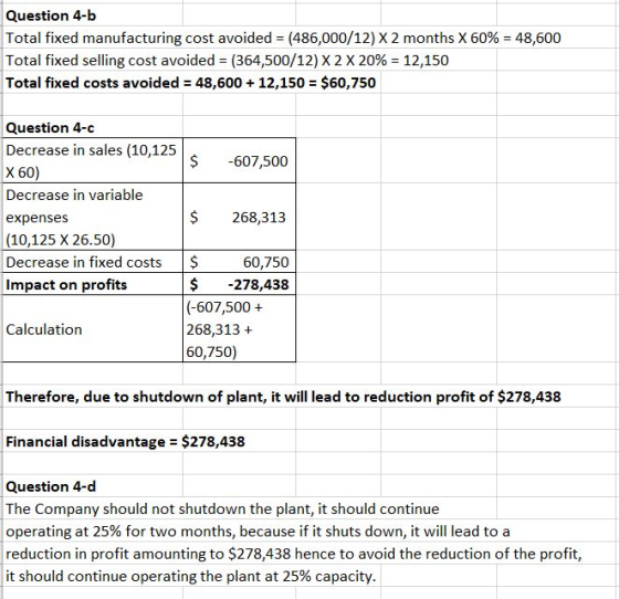 Question 4-b Total fixed manufacturing cost avoided = (486,000/12) X 2 months X 60% = 48,600 Total fixed selling cost avoided