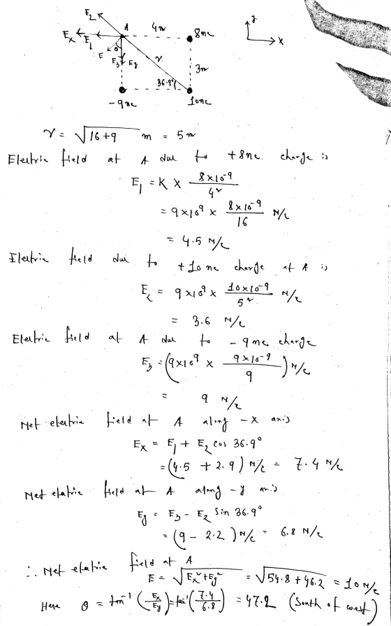 2 A 400 EX L 8ne Х n. Ey 3mm 869071 -qne lone r 16 +9 m. Electric field at dau 5 m A to tine. charge is 8x109 E = KX 4~ 8x109