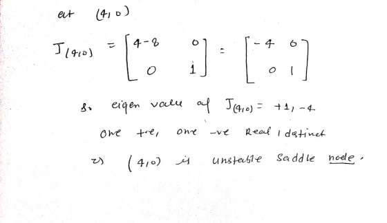 et (4,0) Timo * (9.1%) so eigen vale of Jeio) = + 1,-4 one tre, one are real i destinet z) (410) is unstable Saddle noele