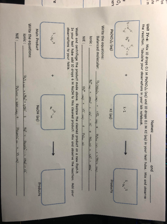 51 Pos ote 5 m Names: and Unit IV-a: Mix 10 drops 0.1 M Pb(NO3)2 (aq) and 10 drops 0.1 M KI (aq) in your test tube. Mix and o