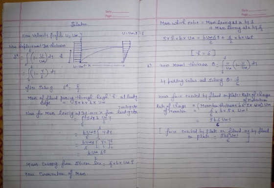 Date Page Date Page Mass which entre = Mars leaving at a by s + Mass Baring adu by s U=Uoy > S .: Solution teu Velocity profi