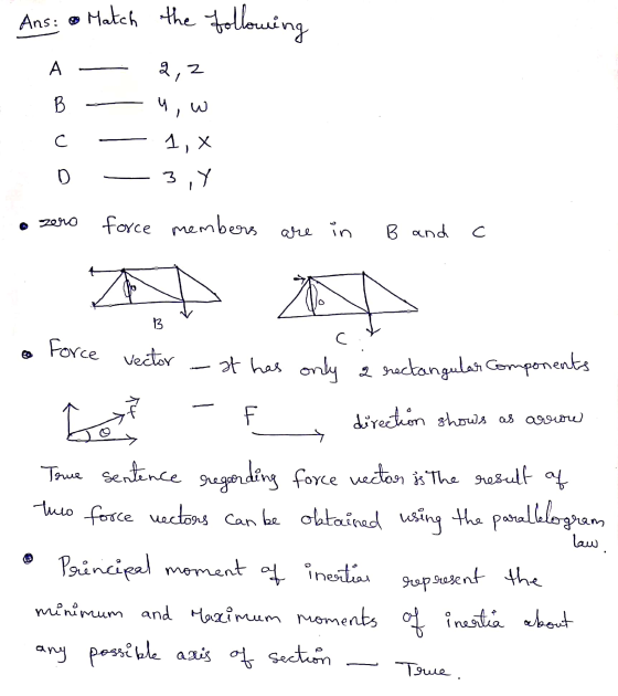 Ans: & Match the following A 2,7 B , w с 1, X 3 У D zero force members are in B and c 4 13 C force vector F - it has only a