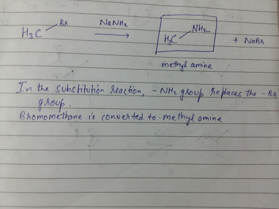 LH 0 58 NaNH, | НС + NaB Od methyl amine In the substitution reaction - NH₂ group replaces the -Bę group. Bromomethane is con