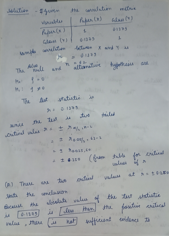 I ran-2 solution matrix the correlation Paper (x) Glass (4) 1 0.1379 1 0.1379 between x and y 1 given variables Paper (x) Gla