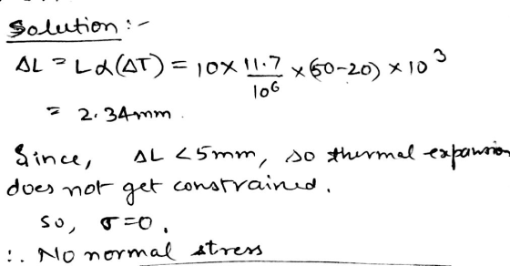 Solution :- 3 AL PLA(AT) = 10% 11.7 10G x60-20) *10 2.34mm &ince, AL <5mm, so thermal expansion does not get constrained. So,