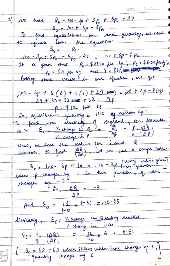 DATE: a) we have do = 100- 3p t 3 pot Spot 24 ---- 2--100+ 6p - 8 pm - To find equilibrium price and quantity, we need to equ