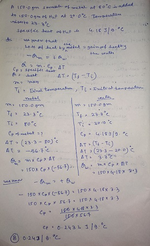 to A 150.0gm sample of metal at coc in added to 150.ogn of H₂O at 20.0°c. Temperatur crises to 23.3°C. 500gm specific heat of