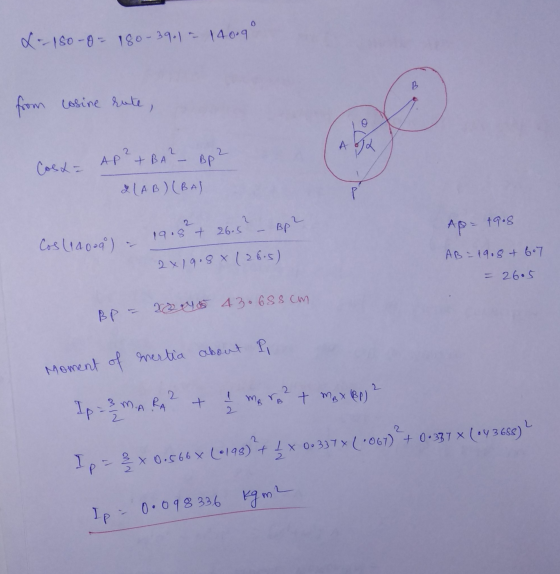 X -- 180-8= 180-39.1 - 140.9 from cosine rute, BOZ Costa AP ²+ BA? &(AB) (BA) AB= 49.8 Cos (14009) - 19 19.5+ 265? _ Bp? 2x1