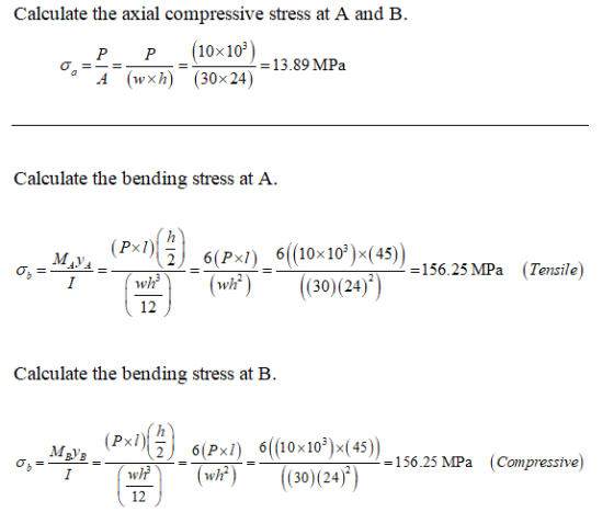 Calculate the axial compressive stress at A and B. P (10x10º). = 13.89 MPa A (wxh) (30x24) P Calculate the bending stress at