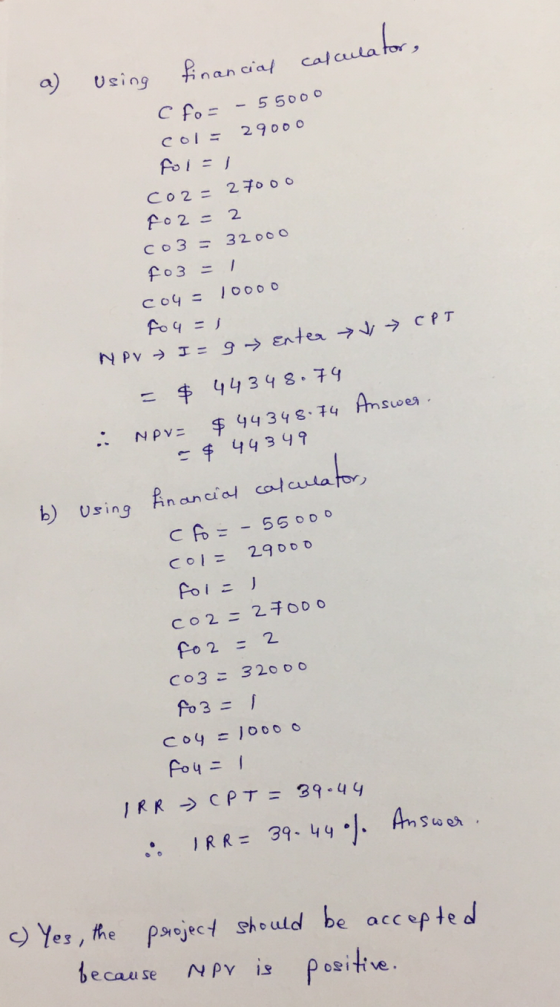 a) Using financial calcu calculator, fo= - 55000 col = 29000 foi=1 CO2 = 270oO fo2= 2 CO3 = 32000 fo3 = 1 Co4 = 10000 Fo 4 =