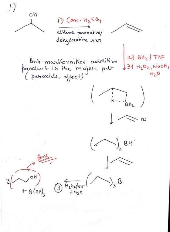 он Conc. H2soy alkame tarm abion dehydorahon 2) BH, THF odut t H20 2- 13 + H20