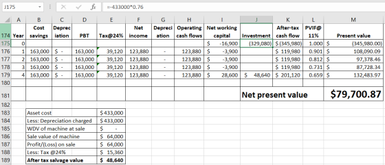 fix --433000*0.76 E F Net Tax@24% income M J175 x A B C D Cost Deprec 174 Year savings iation PBT 175 ol 176 11 163,000 $ - 1
