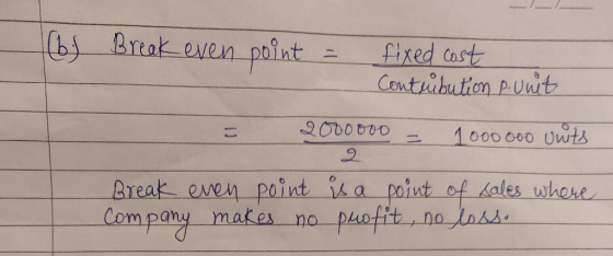 los Break even point = fixed cost Contrubution punit 2000000 = 1000000 units Break even point is a point of sales where Compa