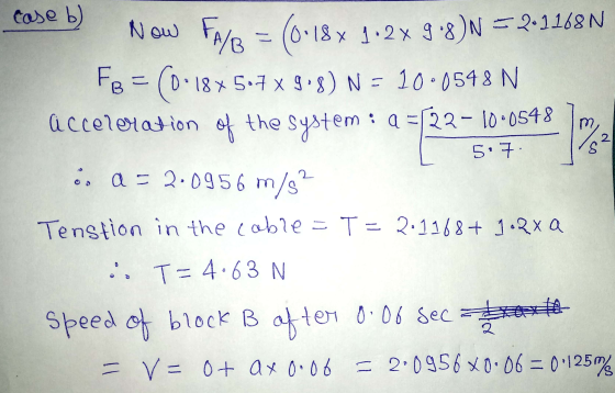 Now case b) FA/B = (0.18 x 1•2x 9:8)N = 2.1168N FB = (0.18% 5-7x908) N = 10.0548 N acceleration system :9=122- 10.0548 of the