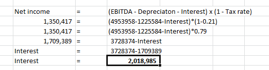 Net income 1,350,417 1,350,417 1,709,389 Interest Interest (EBITDA - Depreciaton - Interest) x (1 - Tax rate) (4953958-122558