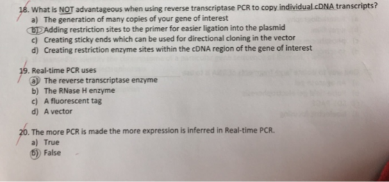 What is NOT advantageous when using reverse transcriptase PCR to copy.individual.cDNA transcripts? a) The generation of many