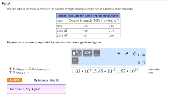 Part A Use the data in the table to compare the specific strength (tensile strength per unit density) of the materials Tensite Test Data for Some Typical Metal Alloys Alloy Tensile Strength (MPa) ρ (Mg/m3) Steel 3003 Al 2048 Al 795 150 457 7.69 2.75 2.91 Express your answers, separated by commas, to three significant figures 200 vec 1.03 1014,5.45.1013,1.57.1014mm mnm mm, mm T. S/p2048 Al = Submit My Answers Give Up Incorrect, Try Again