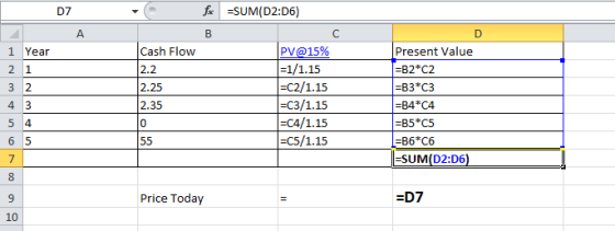 D7 fax =SUM(D2:06) А Cash Flow 1 Year 21 32 2.25 PV@15% =1/1.15 =C2/1.15 =C3/1.15 =C4/1.15 =C5/1.15 Present Value =B2*C2 =B3*