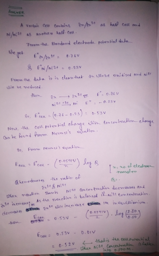 Frvem the hemdond electrrode potential date tSe e get 076 gn be meduced Now, the Ceul potenti al clang e İSirk. lomcentraalio