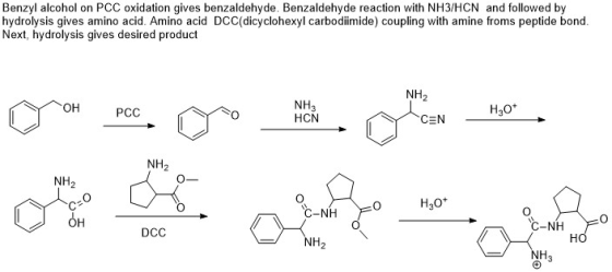 Benzyl alcohol on PCC oxidation gives benzaldehyde. Benzaldehyde reaction with NH3/HCN and followed by hydrolysis gives amino