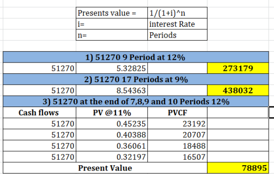Presents value = 1/(1+i)^n interest Rate Periods 1) 51270 9 Period at 12% 51270 5.32825 273179 2) 51270 17 Periods at 9% 5127