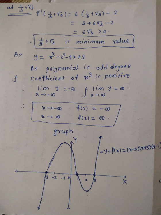 at + + 3 - f (12 + 83 ) = 6 (+ + 3) - 2 = 2 +683 - 2 = = 683 > 0. 17 + 1 is minimum value. y = x3 - 2²-gx +9 As polynomial i