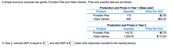A simple economy produces two goods, Pumpkin Pies and Video Games. Price and quantity data are as follows: Production and Pri