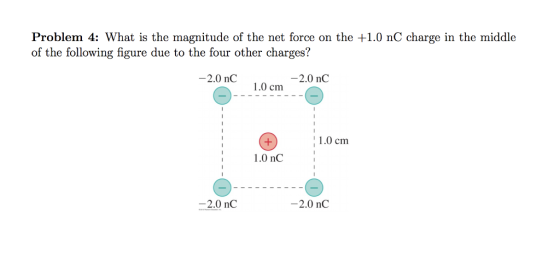 Problem 4: What is the magnitude of the net force on the +1.0 nC charge in the middle of the following figure due to the four other charges? -2.0 nC 2.0 nC 1.0 cm 1.0 nC 2.0 nC 2.0 nC