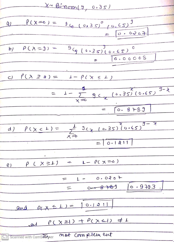 X~ Binomia 0.35) 92 9 PCXO) = Ica (un 3. Sº 70.65) 0207 b) P (8-9 ) 94 10.3.65 TO,00008 C) pc29) = I- P7 x < 1 2 9-2 I 2 x=0