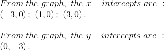 \\ From\ the\ graph, \ the\ x-intercepts \ are\ : \\ \left ( -3,0 \right );\ \left ( 1,0 \right );\ \left ( 3,0 \right ).\\ \\ From \ the \ graph, \ the \ y-intercepts\ are \ : \\ \left ( 0,-3 \right ).\\