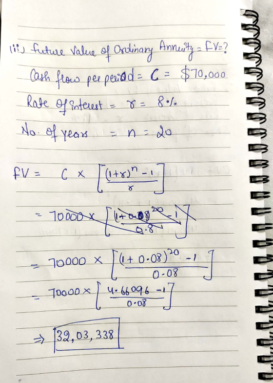 bir future Value of Orulinary Annuity - FV=? Cash flow per perad = G = $70,000 Rate of interest - 8 = 8% No of years = n = 20