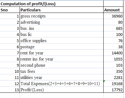Amount 36960 80 685 100 76 Computation of profit/(Loss) Sno Particulars 1 gross receipts 2 advertising 3 bus. ins 4 bus lic 5