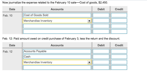 Now journalize the expense related to the February 10 sale-Cost of goods, $2,450. Date Accounts Debit Credit Feb. 10 Cost of Goods Sold Merchandise Inventory Feb. 12: Paid amount owed on credit purchase of February 3, less the return and the discount. Date Accounts Debit Credit Feb. 12Accounts Paya Cash Merchandise Inventory
