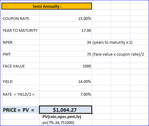 Semi Annually: COUPON RATE 15.00% YEAR TO MATURITY 17.00 NPER 34 (years to maturity x 2) PMT 75 (face value x coupon rate)/2