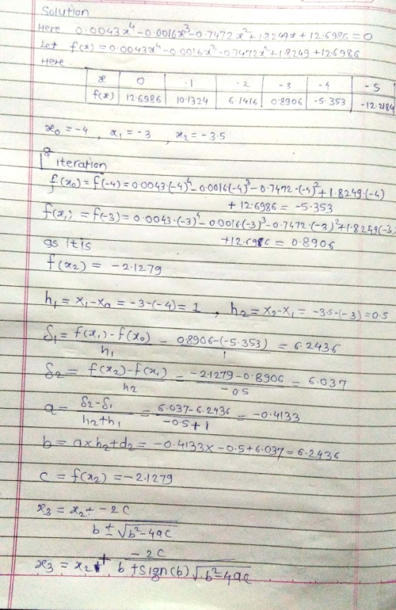 Solution Here 0.0043 -0.001633-0.7472 82122495 + 12:6986 = 0 Let f(x) = 0.00432 -0.00162² -0.7672 +1.8249 + 12.6986 Here - S