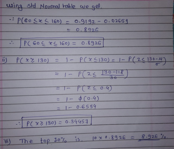 using std Normal rable we gel - P(6osas 160) 0.9192 -0.02659 0.8926 P ( 605 xs 160) = 0.8926 P ( x 7, 130) 1 - PCXS130) = 1-