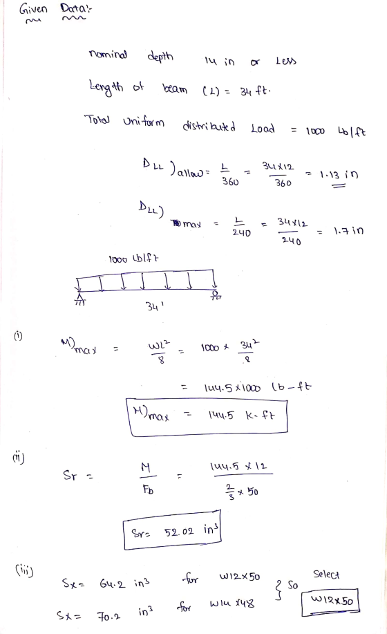 Given Datar nomind depth Less Length of beam (2) 34 ft. Total Uniform distributed Load 1000 Lolft DLL ) allow= 3uX12 - 1.13 i