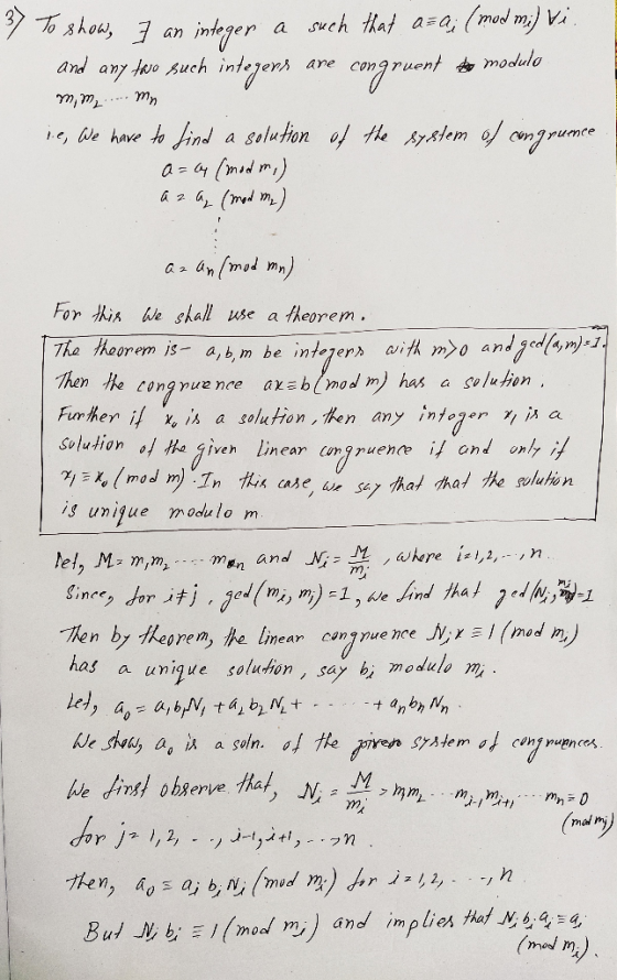 37 To show, 7 an integer a such that a=ai (mod mi) vi. and any two such integers are congruent to modulo mm..... ma ie, We ha