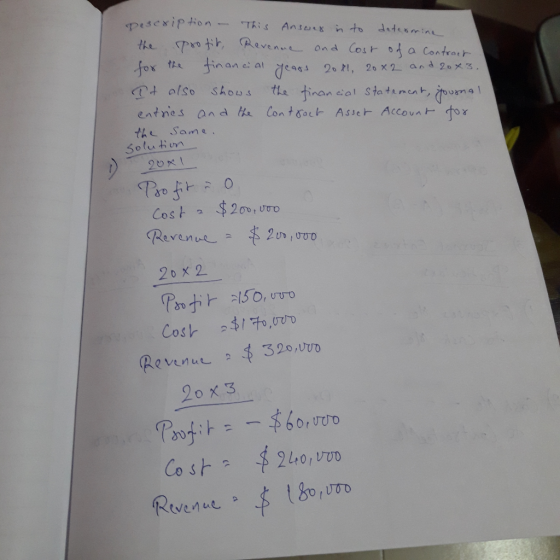 Description This Answer in to determine the profit Revenue and Cost of a Contract for the financial years 2011, 20x2 and 20x3