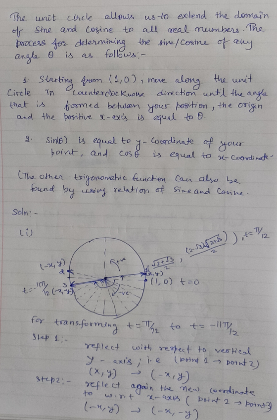 The unit carcle allows us to extend the domain of sine and cosine to all real numbers. The process for determining the sive /