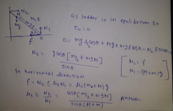 as ladder is in equlibrium so -oogl mi mg Toro ON f O= mg lq leso + Mg xoogleso -N₂ Isino I luso [m/t oogm N2 = f Ni= (M+mig