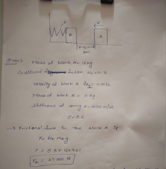 A le-s- 3m gven Mass af block A 16 Cosllcient ot richon O 3 VAZ= MIS Velocity of block A block B = Mass of skttness of png N/