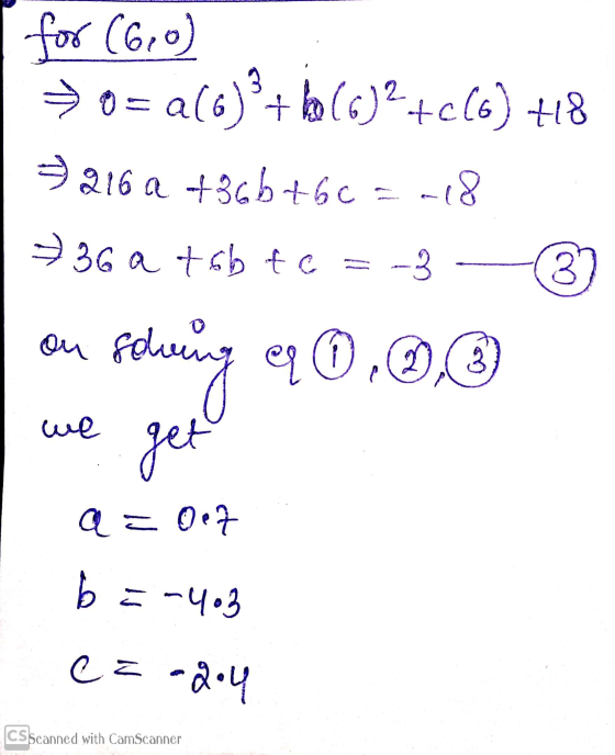 for (6.0) +9= a(6) 2+ b(6)+c (6) H8 216 a +366t6c -18 36 a tobte -3 3) ou sohan 8 Fouring a90.0 we get a=0e7 b = -403 ca.204