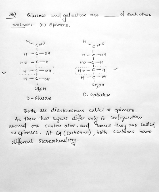 - of each other 36) Glucose and qalactose are answer:- (c) Epimers. Haco co сон I c-oh Но — —Ң Ho - C – H. ..... ... H ---OH