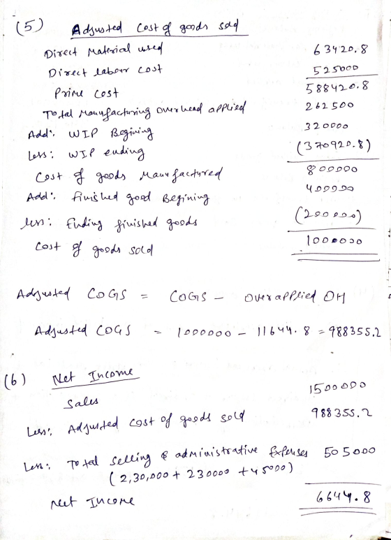 (5) Adjusted cost of goods sad Direct Material used Direct labour cost 63420.8 52 500D 588420.8 262 500 32 0000 (370920.8) Pr
